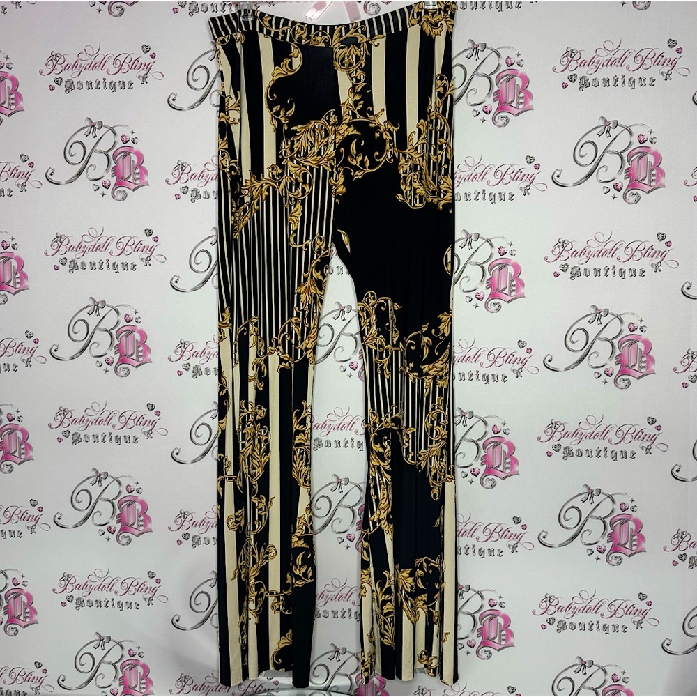 Win win apparel pants baroque striped black gold ornate stripes stretchy comfy